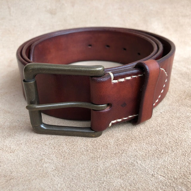 Handmade Leather Belt, Full Grain Vegtan Cow Hide,  Solid Brass Roller Buckle, Hand Stitched French Linen Thread, Burnished Edges, custom length Jeans Belt Dark Chestnut Red Brown