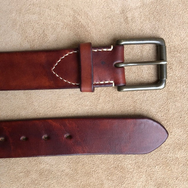 Handmade Leather Belt, Full Grain Vegtan Cow Hide,  Solid Brass Roller Buckle, Hand Stitched French Linen Thread, Burnished Edges, custom length Jeans Belt Dark Chestnut Red Brown