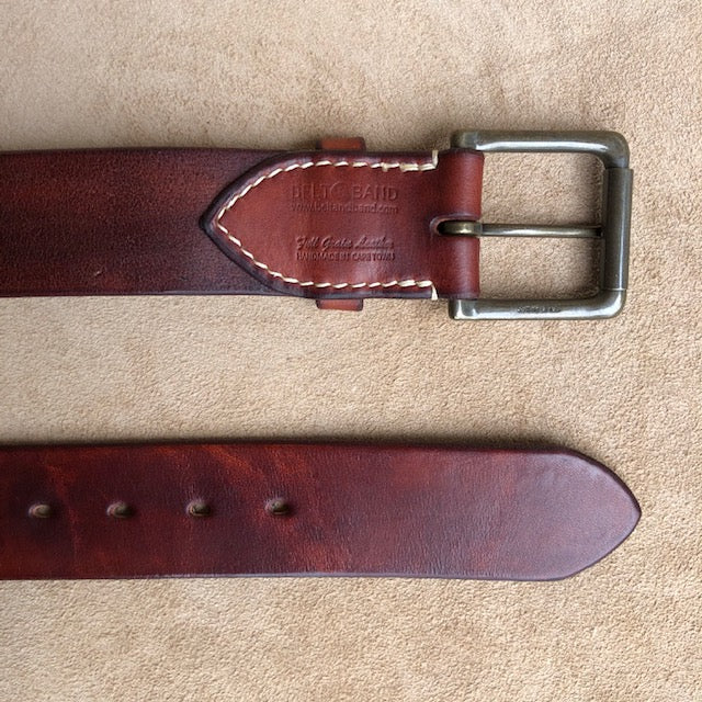 Handmade Leather Belt, Full Grain Vegtan Cow Hide,  Solid Brass Roller Buckle, Hand Stitched French Linen Thread, Burnished Edges, custom length Jeans Belt Dark Chestnut Red Brown