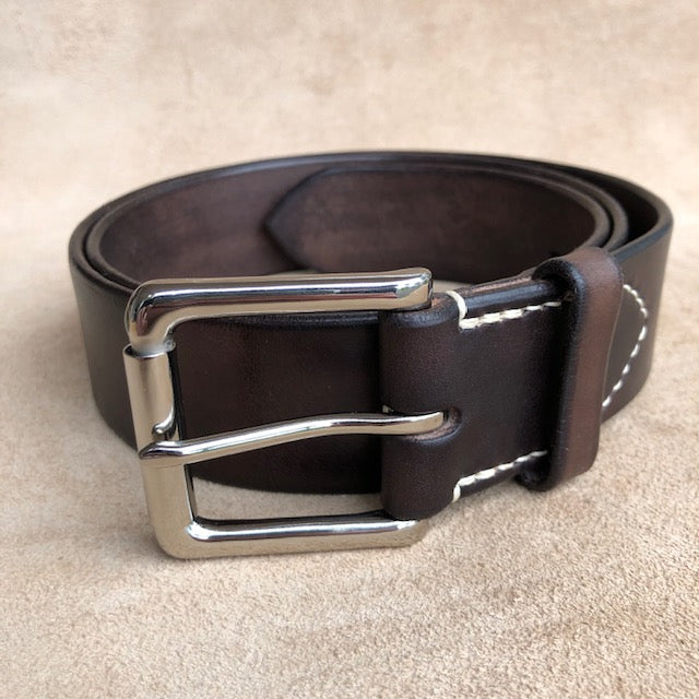 Handmade Leather Belt, Full Grain Vegtan Cow Hide,  Solid Brass Roller Buckle, Hand Stitched French Linen Thread, Burnished Edges, custom length Jeans Belt Chocolate Brown