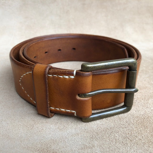 Handmade Leather Belt, Full Grain Vegtan Cow Hide,  Solid Brass Roller Buckle, Hand Stitched French Linen Thread, Burnished Edges, custom length Jeans Belt Dark Tan