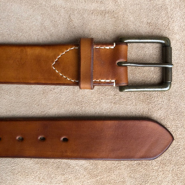 Handmade Leather Belt, Full Grain Vegtan Cow Hide,  Solid Brass Roller Buckle, Hand Stitched French Linen Thread, Burnished Edges, custom length Jeans Belt Dark Tan