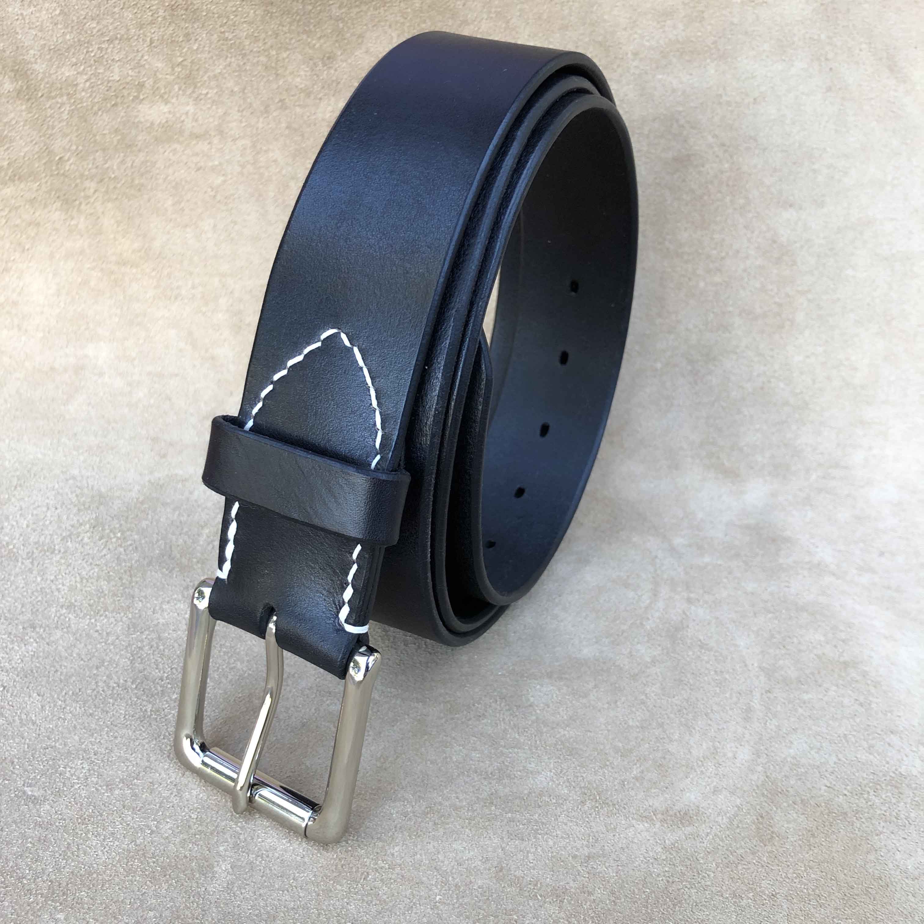Black "English Point" Hand-Dyed Leather Jeans Belt