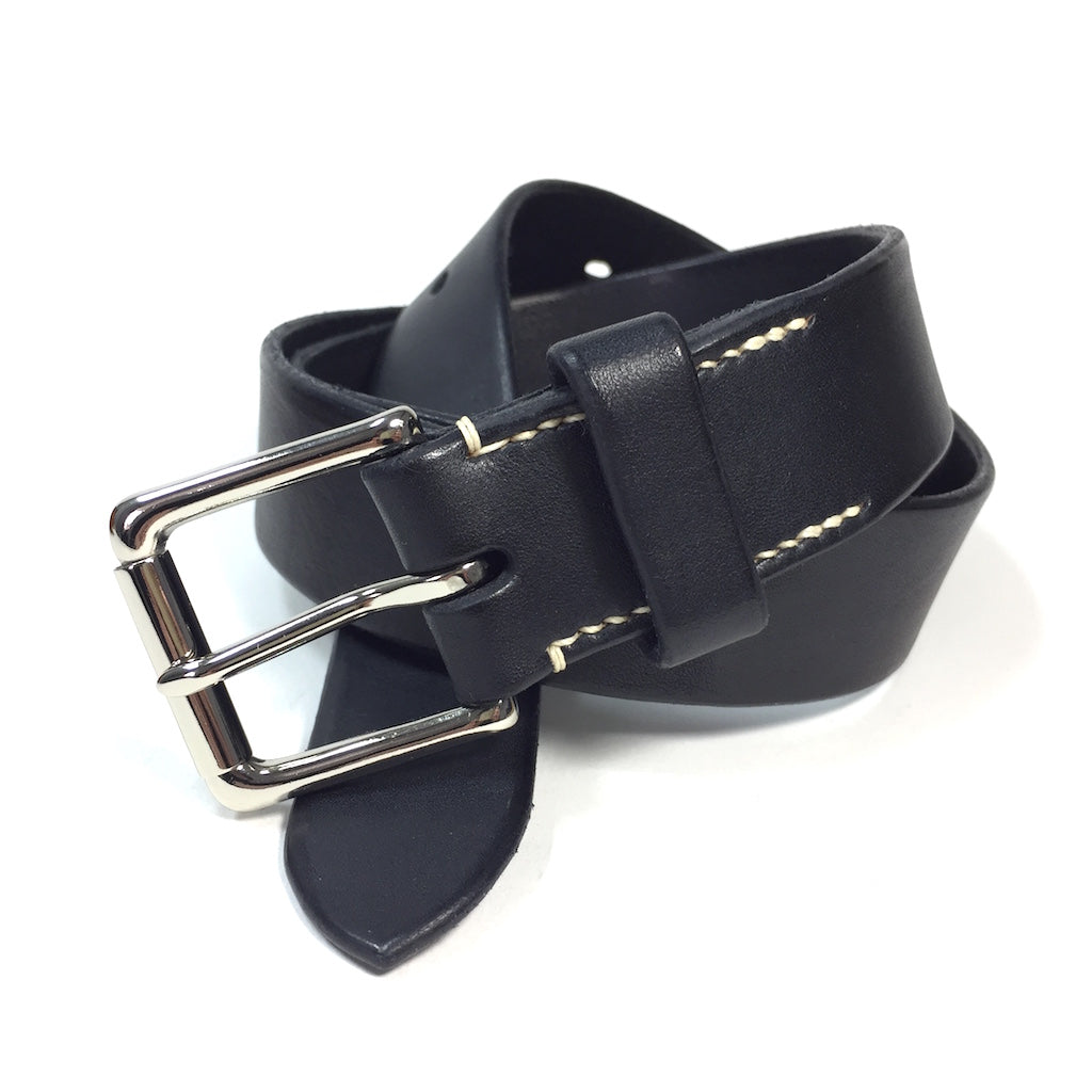Belt & Band Black Handmade Vegetable Tanned Leather Belt Solid Brass Roller Buckle Custom Size length