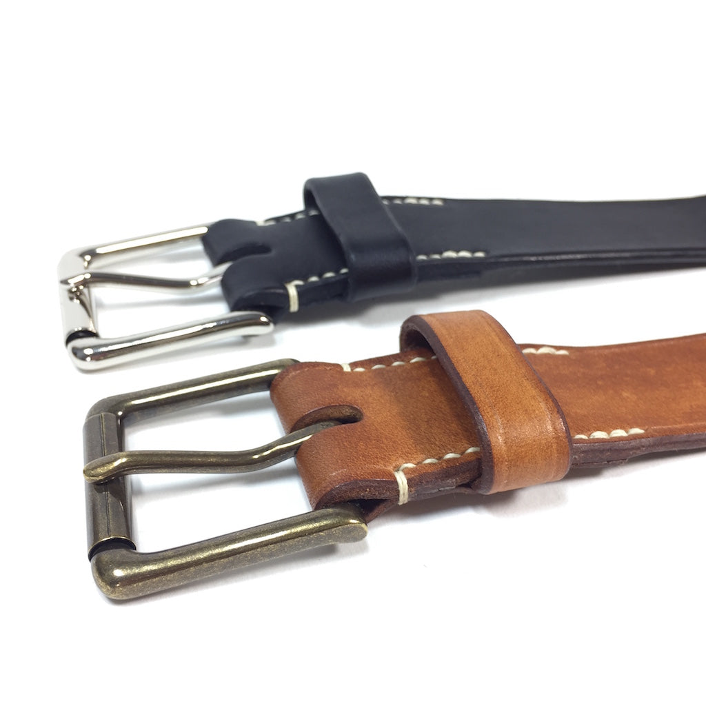 Belt & Band Black Tan Handmade Vegetable Tanned Leather Belt Solid Brass Roller Buckle Custom Size length