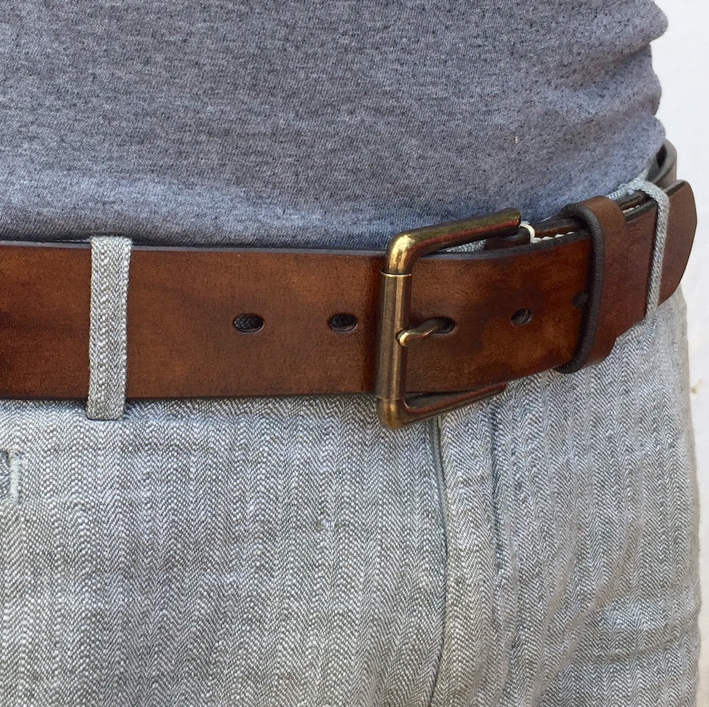 Belt & Band Bespoke Handmade Vegetable Tanned Brown Leather Belt Solid Brass Roller Buckle Custom Size length