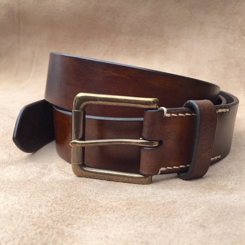 Belt & Band Bespoke Jeans Handmade Vegetable Tanned Brown Leather Belt Solid Brass Roller Buckle Custom Size length