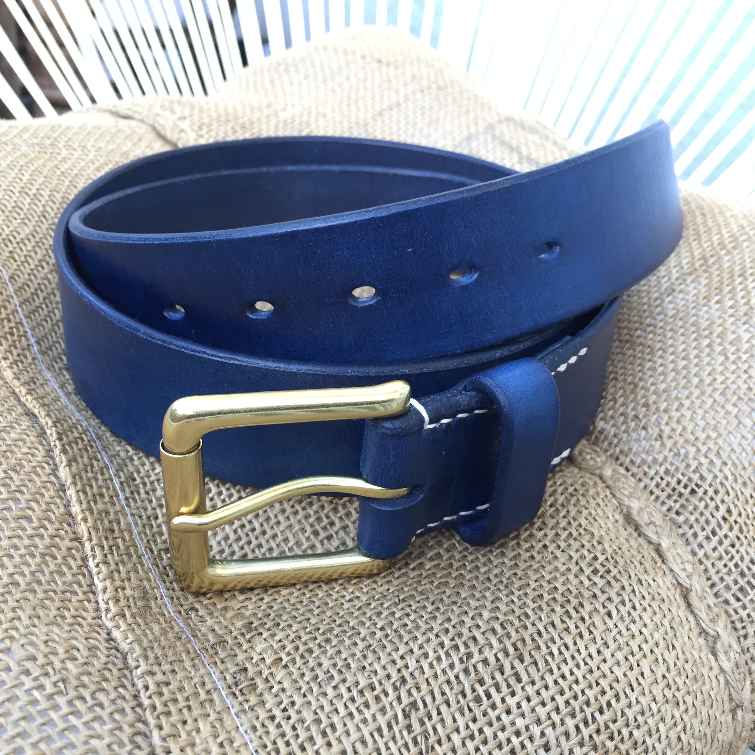 Belt & Band Navy Blue Handmade Vegetable Tanned Leather Belt Solid Brass Roller Buckle Custom Size length
