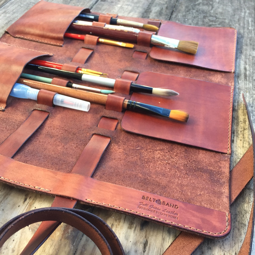Hand-Dyed Leather Paintbrush Carry Bag