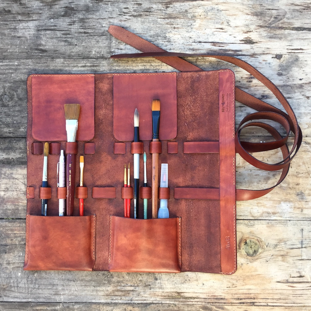 Hand-Dyed Leather Paintbrush Carry Bag