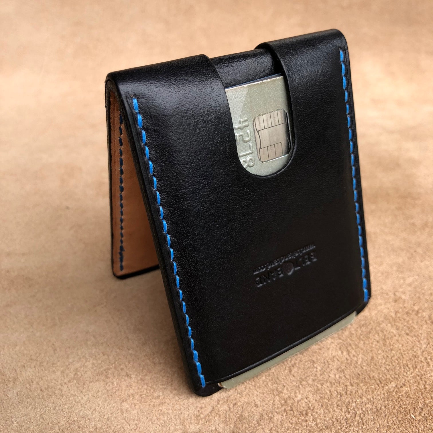 Black Discrete Money Clip Card Wallet Fold Over fine calf leather hand stitched handmade